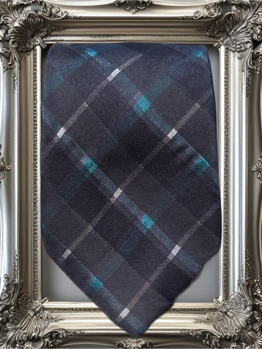 vintage RW&CO. Skinny Navy Plaid Silk Tie with Light Blue Accents